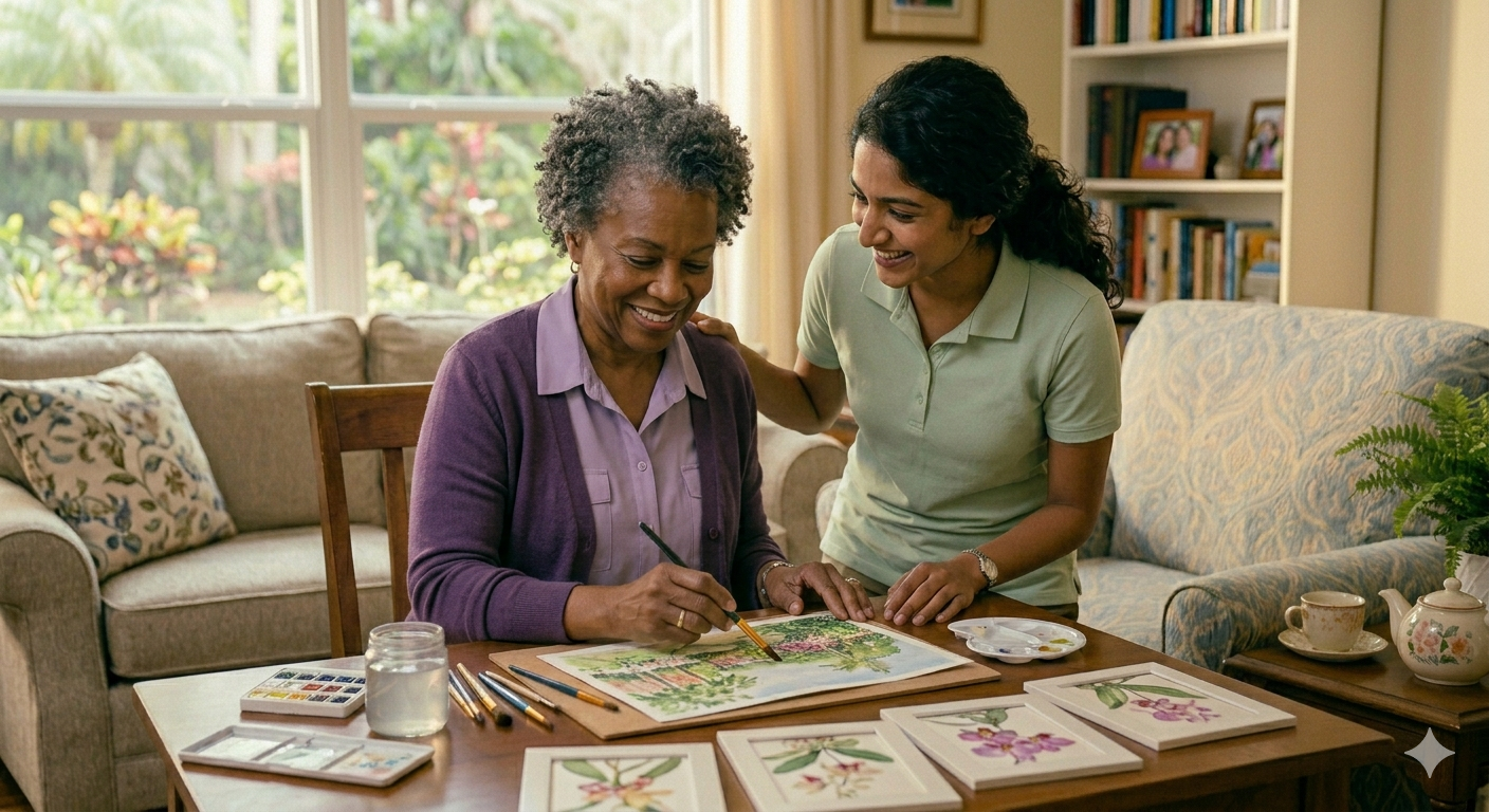 Caregiver and senior client sharing a creative moment together